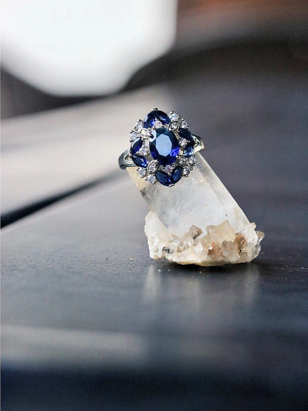 Blue and clear Cluster Statement Silver Tone Ring
